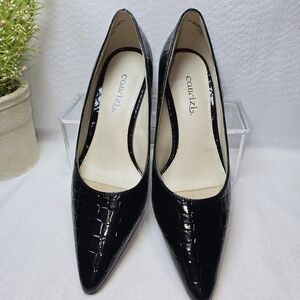 Cabrizi HOLLY Black Glossy Croc Pumps Kitten Heel 7.5